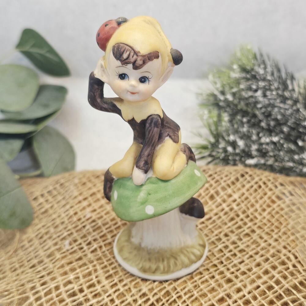 Vintage Elf Pixie Fairy Gnome Imp on Mushroom Figurine Ladybug Great Condition
